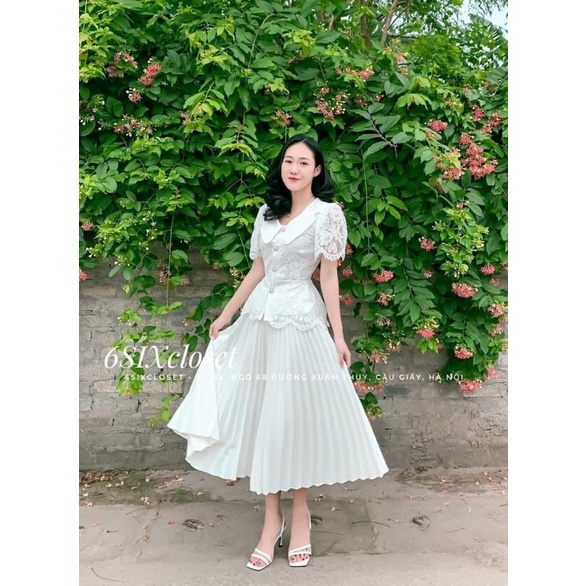 SET ÁO CỔ SEN TAY BỒNG REN + CHÂN VÁY DẬP LY MIDI