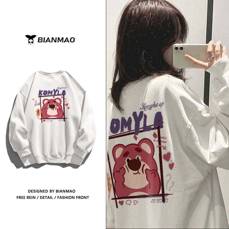 Áo Hoodie Dáng Rộng Cổ Tròn Họa Tiết Gấu Và Dâu Tây Xinh Xắn Dành Cho Nữ