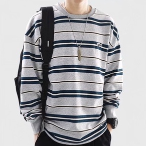 Áo Sweater tay dài dáng rộng kẻ sọc kiểu Hàn Quốc thời trang cho nam