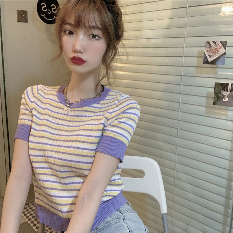 Áo thun Pure Cube tay ngắn cổ tròn họa tiết kẻ sọc phong cách Hàn Quốc thời trang mùa hè mới cho nữ