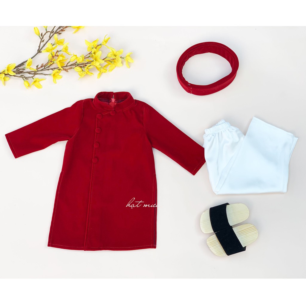 Áo dài Tết bé trai Phú Quý chất nhung màu đỏ đô mềm mịn cho bé