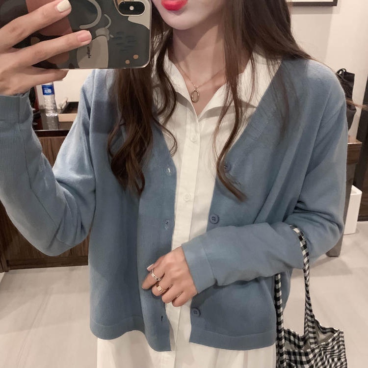 【ZHELIHANGFEI】Áo Cardigan Dệt Kim Tay Dài Cổ Chữ V Lưng Cao Quyến Rũ