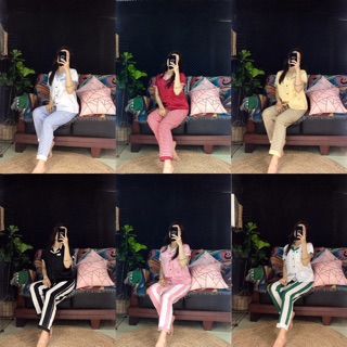 Đồ bộ pijama phi lụa phối satin - tay ngắn quần dài