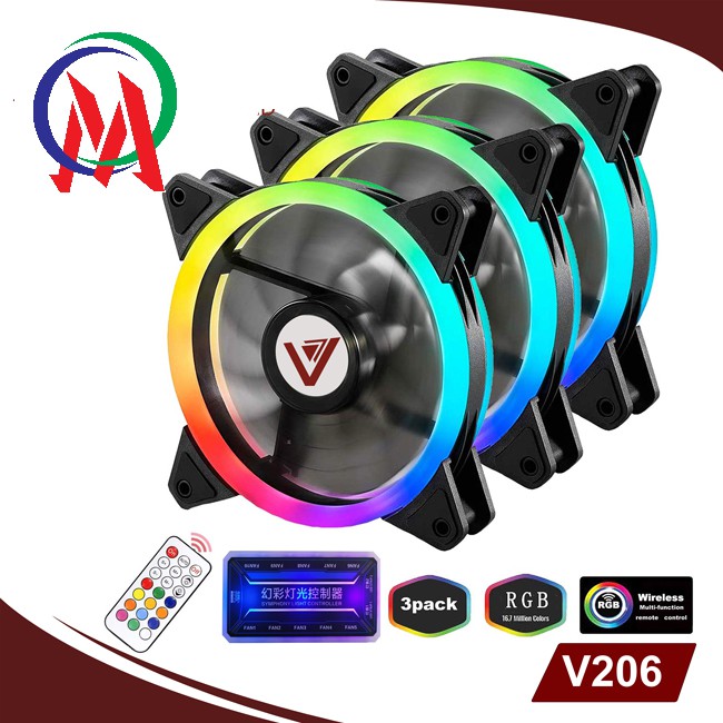 Combo bộ 3 Fan led RGB 2 mặt VSP V206 / V206B / V207 +Hub + Remote 12cm cho máy tính