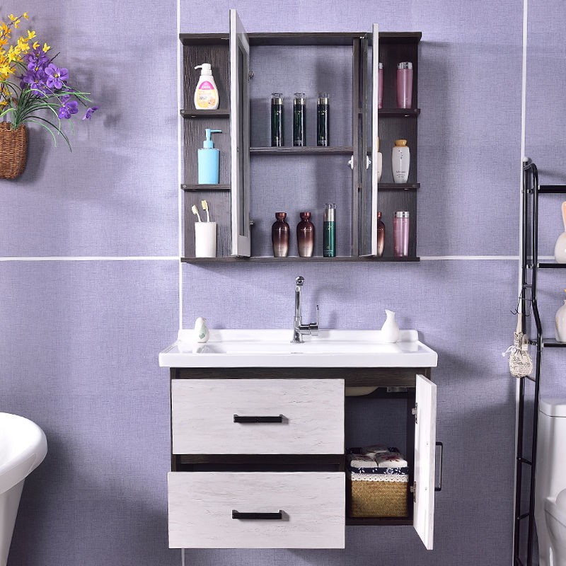 Hiện đại tối giản gỗ nguyên khối Bắc Âu tủ phòng tắm kết hợp chậu rửa gương gấp phong thủy âm tường < | BigBuy360 - bigbuy360.vn