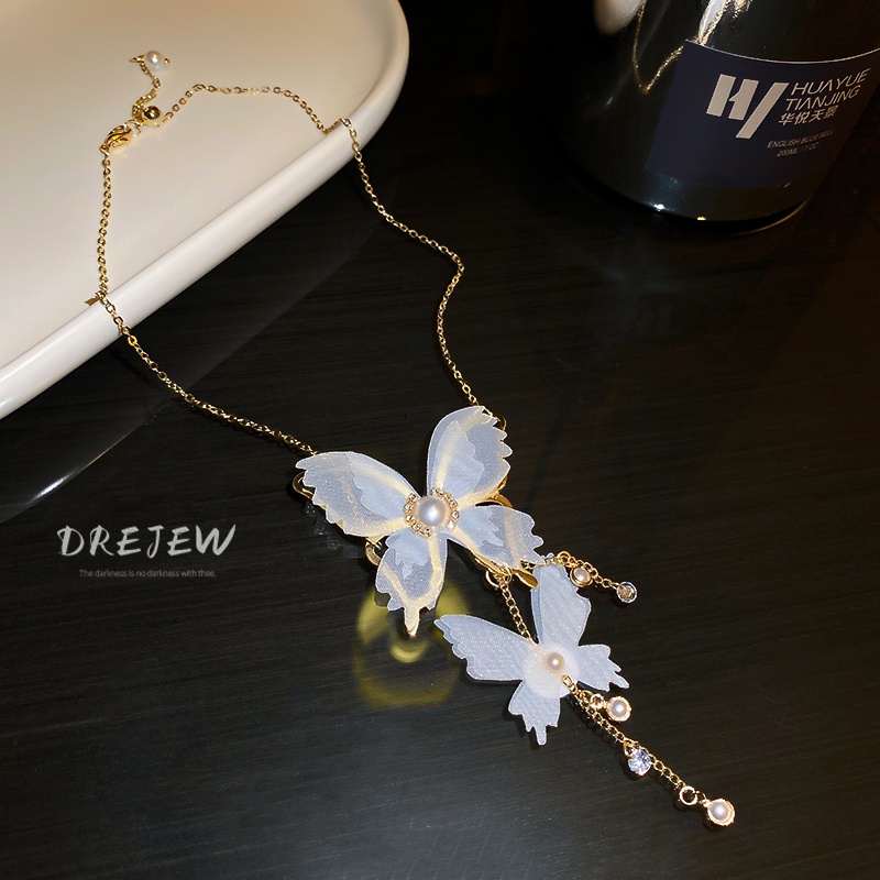 DREJEW Vòng Cổ Choker Ren Hình Bướm Đính Ngọc Trai Phong Cách Thời Trang Hàn Quốc