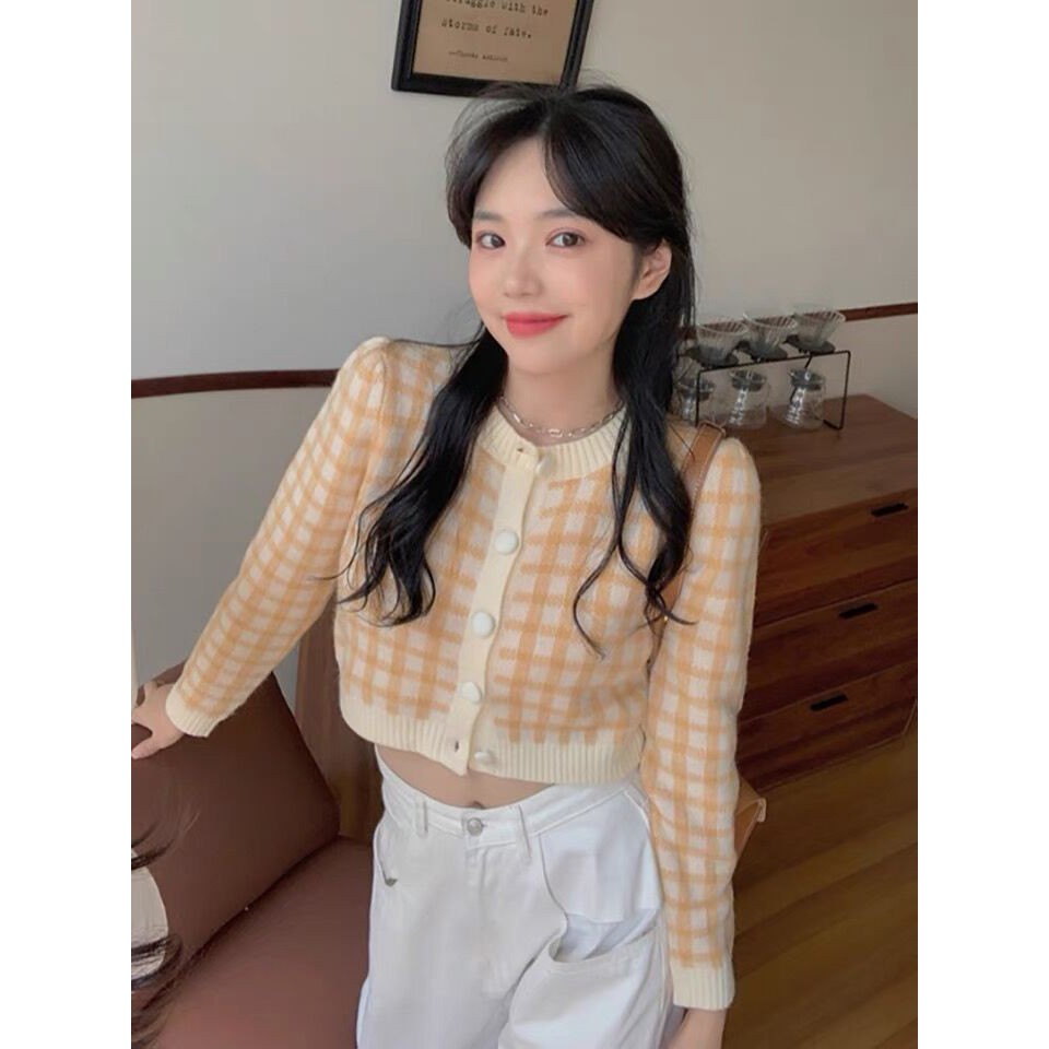 Zhainvchaoyi Áo Khoác Cardigan Dệt Kim Cổ Tròn Sọc Caro Phong Cách Hàn Quốc Thời Trang Mùa Thu Cho Nữ