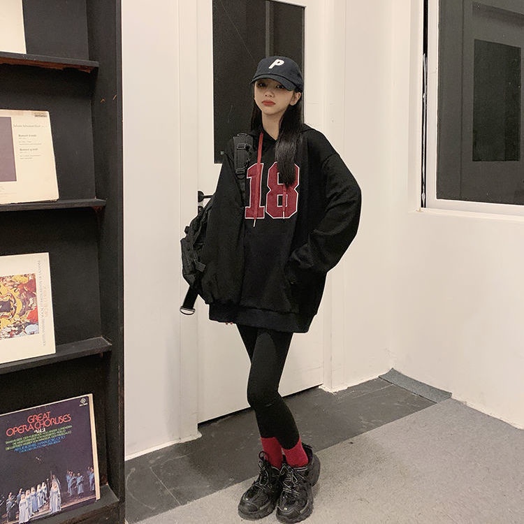 COZOK Áo Hoodie Tay Dài Form Rộng In Họa Tiết Phong Cách retro
