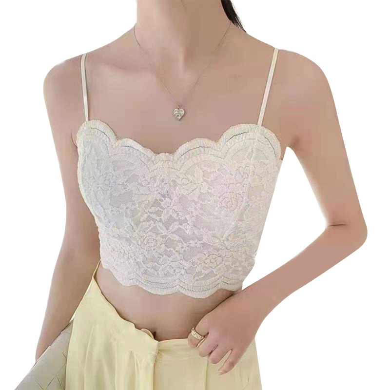 Brroa Áo Croptop Hai Dây Phối Ren Hoa Màu Trơn Có Đệm Ngực Phong Cách Vintage Cho Nữ