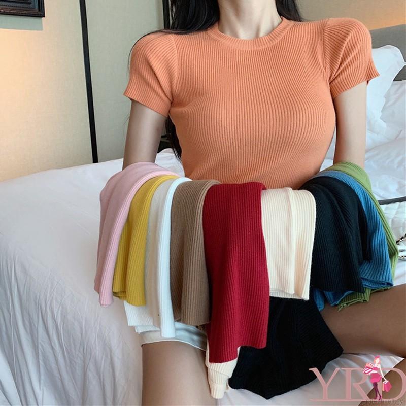 Áo dệt kim ngắn tay cổ tròn thiết kế màu trơn thanh lịch