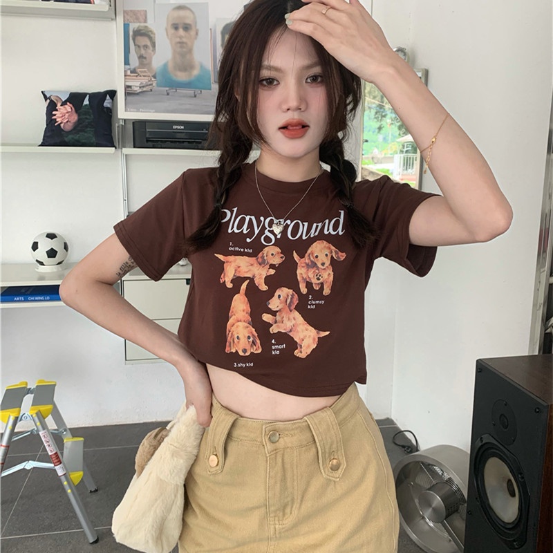 Áo Thun Crop Top Tay Ngắn Cổ Tròn In Hình Chú Chó Hoạt Hình Dễ Thương