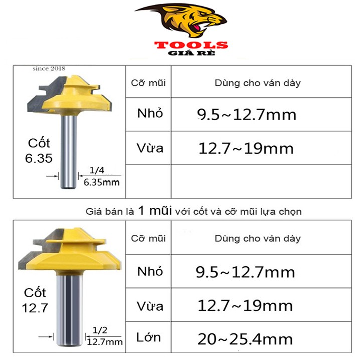 Mũi phay ghép góc vuông ⚡️LOẠI TỐT⚡️ Mũi soi gỗ ghép ván 45 độ lắp máy cầm tay cốt 6 35mm hoặc 12.7mm