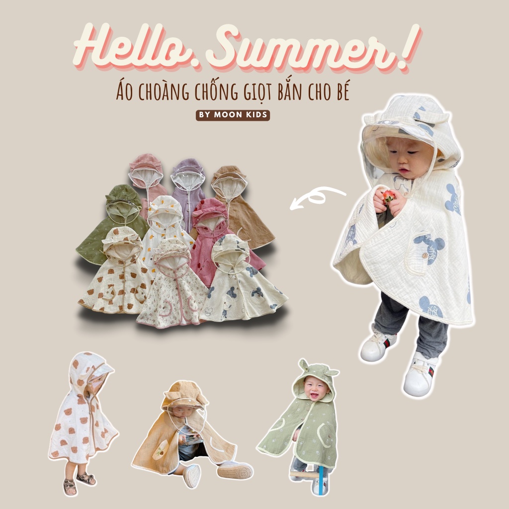 Áo choàng chắn giọt bắn, áo choàng chống nắng 2 lớp xô muslin kèm tấm chắn phòng dịch cho bé - Moon kids fashion