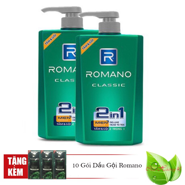 Romano: Bộ 2 Chai Tắm Gội 2in1 Classic (650ml*2=1300ml)-Tặng 10 gói dầu gội