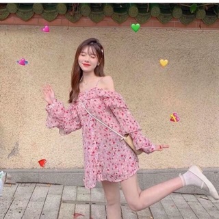 Váy 2 dây cro vàng và áo hoa nhí 2 dây tím