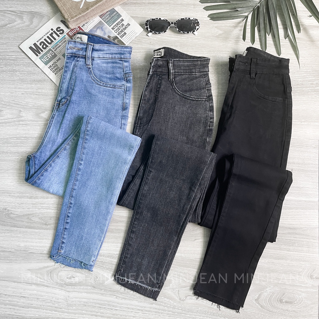 Quần Jean Nữ Lưng Cao Cắt Lai MINJEAN M01, Quần Bò Nữ Skinny Basic Tôn Dáng Cạp Cao Ulzzang