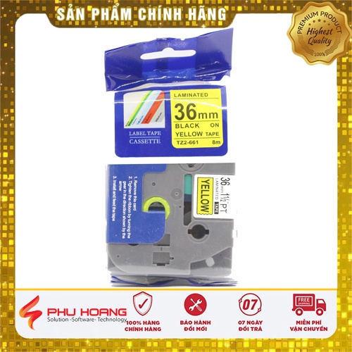 Nhãn in Tz2-661, khổ rộng 36mm* dài 8m, chữ đen nền vàng, chống thấm nước, máy in nhãn Brother, Phu Hoang