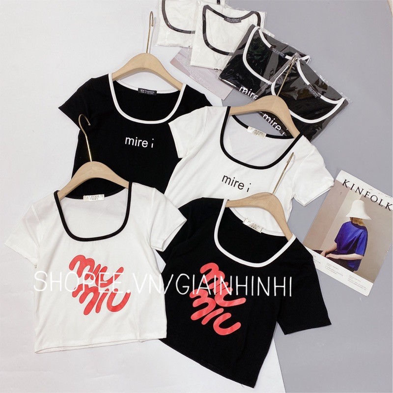 Áo thun kiểu croptop cổ vuông, Áo kiểu dáng ngắn in chữ AS0005 - NhiNhi Shop