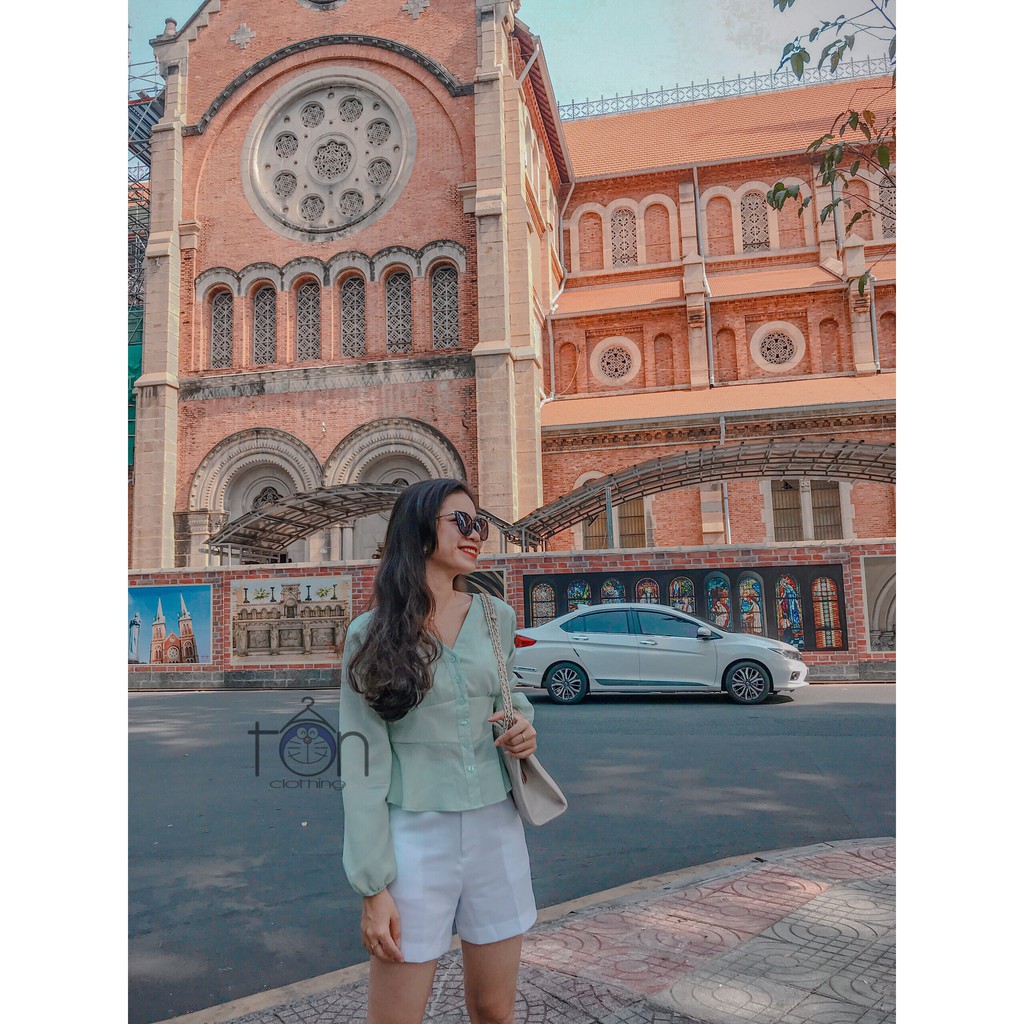 Áo kiểu nữ Ton.Clothing chất liệu vải đẹp lạ thiết kế form peplum tay dài dễ thương trẻ trung màu xanh pastel AOK003