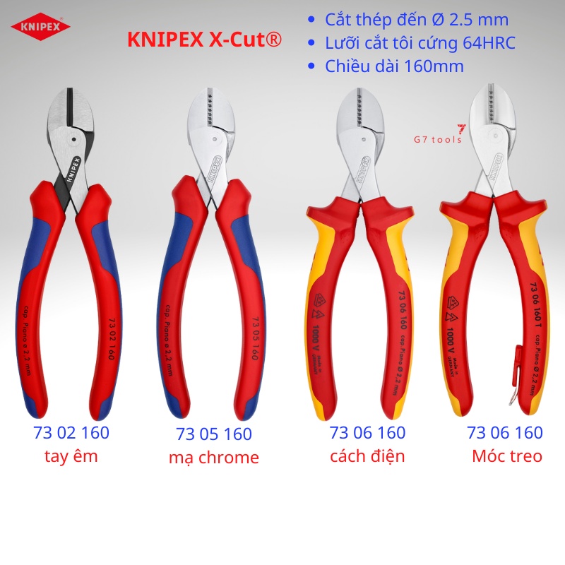 Kìm Knipex X-Cut Lưỡi Cắt 64 HRC 73 02 160 / 73 05 160/ 73 06 160/ 73 06 160 T - Sản Xuất Tại Đức