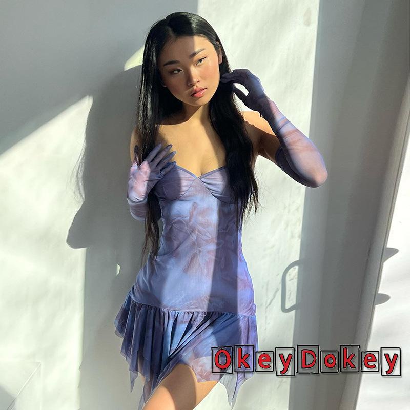 Đầm Mini Cổ Chữ V Phối Bèo Nhún Nhuộm Màu Tiecore Fairycore Okdk-Y2K Với Tay Áo 2000s Aesthetic Club