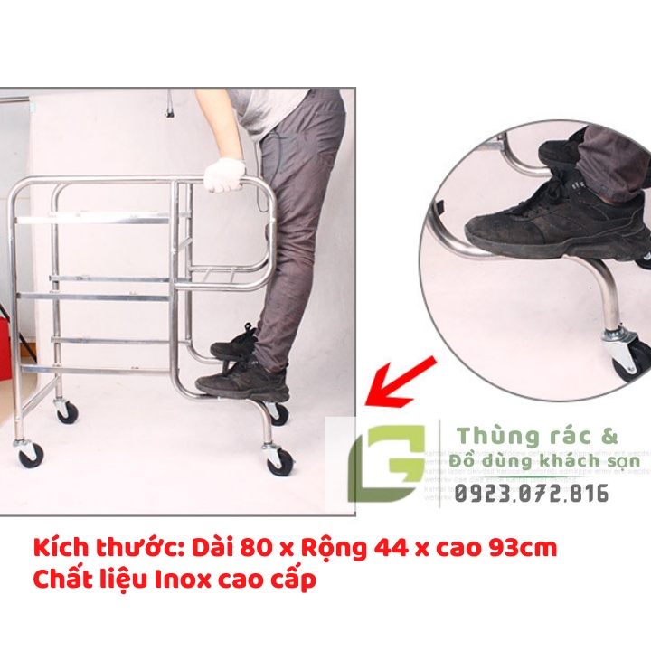 Xe dọn dẹp nhà hàng inox chân thẳng / chân uốn cong - trọn bộ khay đựng xám