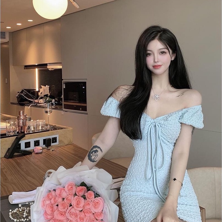 [MURIOKI] Đầm Tay Ngắn Phồng Cổ Chữ V Hở Lưng Ôm Dáng Thời Trang Hàn Quốc Cho Nữ