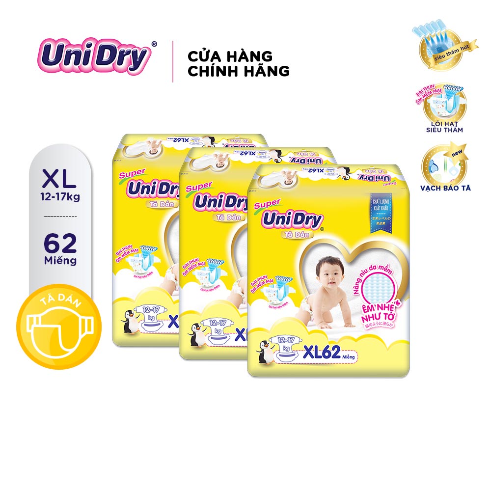 Combo 3 Tã dán UniDry Siêu khô thoáng gói Super Jumbo size M76/L68/XL62