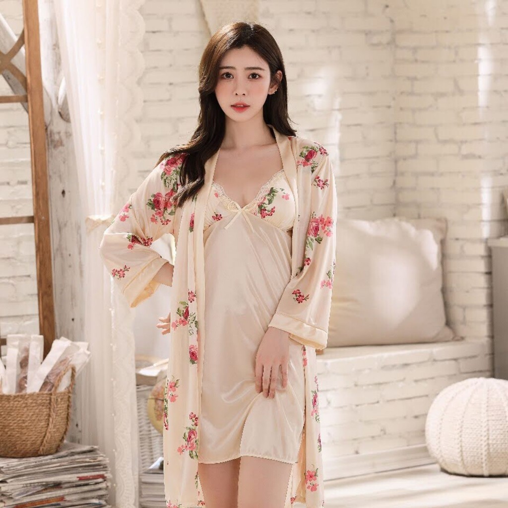 Đồ ngủ vải lụa Kimono Sexy + kèm áo khoác | BigBuy360 - bigbuy360.vn