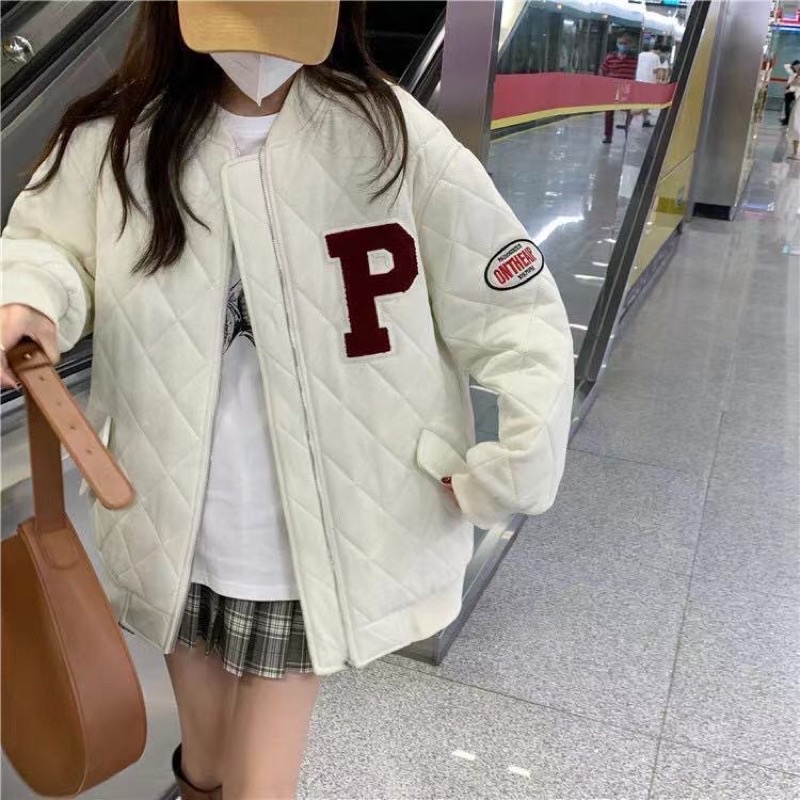 Áo phao bomber màu trắng đen trần trám, áo khoác bóng chày thu đông dài tay dày dặn siêu ấm phom Unisex phong cách Hàn