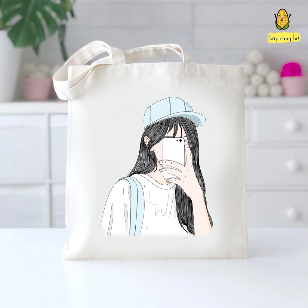 TÚI TOTE CÔ GÁI VÀ MÁY ẢNH - CÓ KHÓA - VẢI DỆT CANVAS