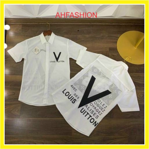 Áo sơ mi nam trắng tay ngắn LV kiểu đẹp in họa tiết mẫu mới nhất cao cấp AHFASHION