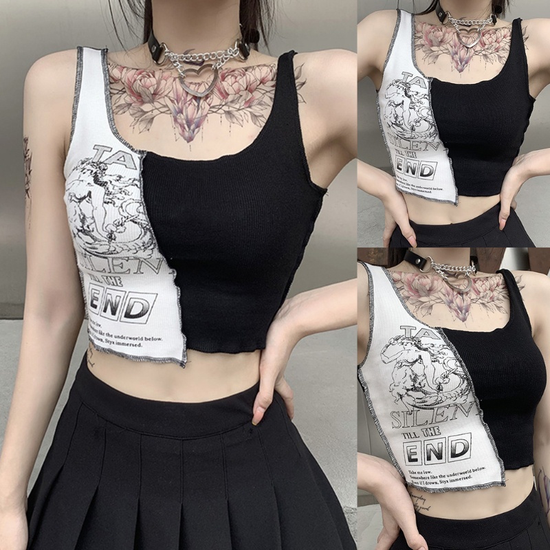 Xiangbao Áo Crop Top Cổ Chữ U Phối Màu Khối Mỏng Phong Cách Punk Goth Quyến Rũ Dành Cho Nữ