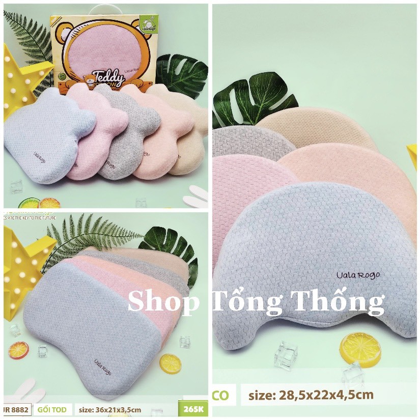 Gối Uala Rogo cao su non, Memory foam cao cấp mềm mịn dịu êm chống bẹp đầu cho bé trai bé gái tob teddy rico