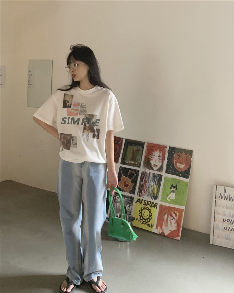 SUXI Áo thun tay ngắn cổ tròn dáng rộng phong cách cổ điển nữ tính