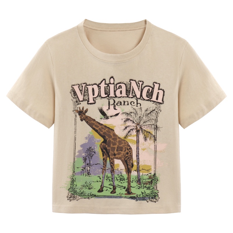 WANG JIAO ZHAN Áo croptop thun tay ngắn dáng ôm in họa tiết phong cách retro