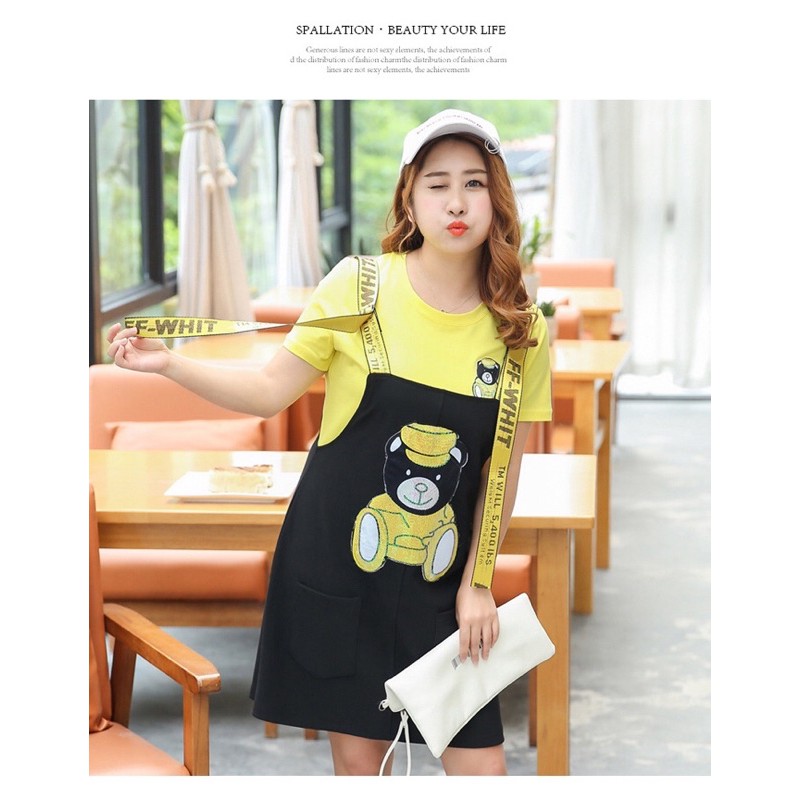 set đầm yếm kèm áo thun vàng big size in gấu size 65-105kg