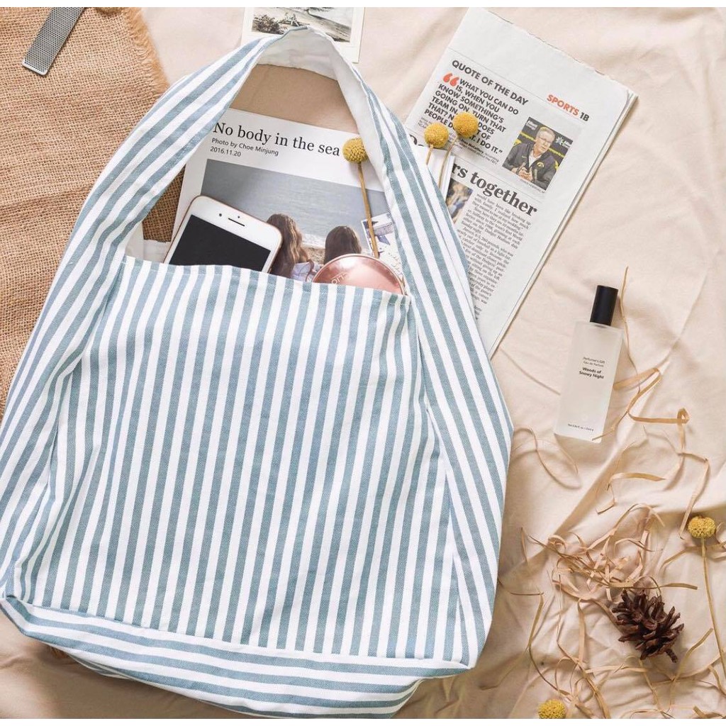 Túi vải tote MADELEN màu kẻ xanh blue size to