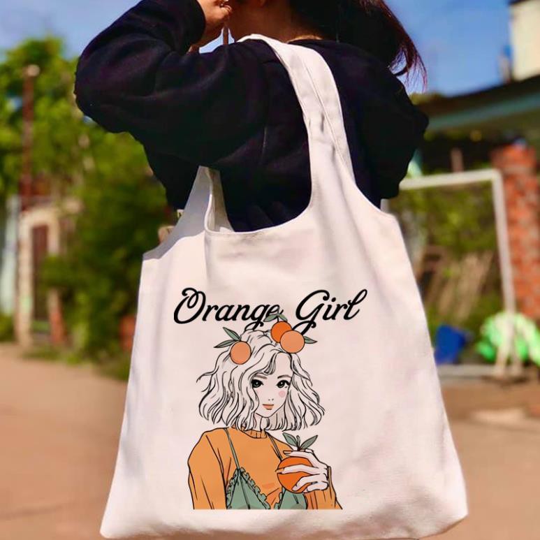 Túi Tote Vải Canvas Nữ Quai Tròn Hàn Quốc In Hình Orange Girl Có Khóa Kéo