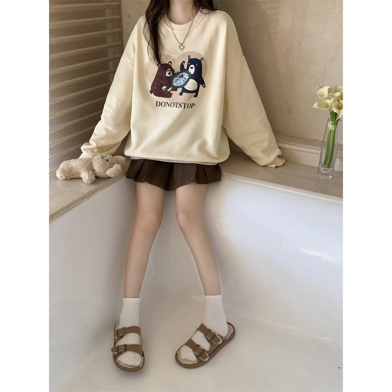 QOEDDV Áo sweater Cổ Tròn Tay Dài Dáng Rộng In Họa Tiết Dễ Thương Phong Cách Hàn Quốc Cho Nữ