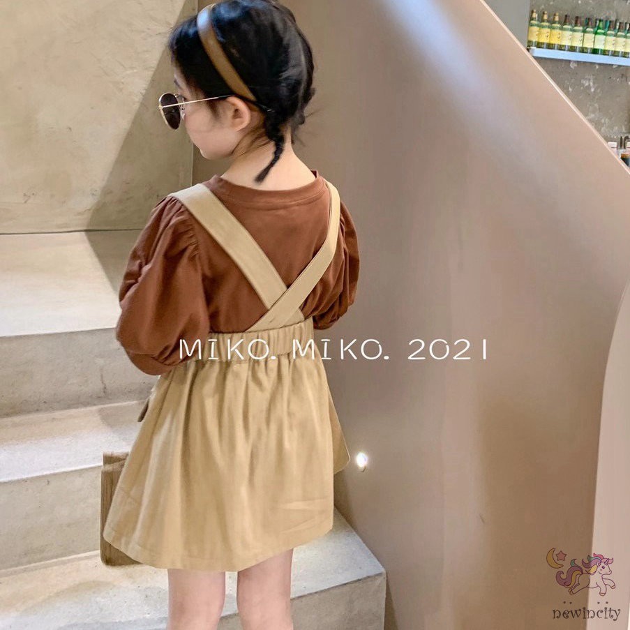 Set áo tay phồng kèm váy yếm phong cách Hàn Quốc thời trang mùa hè cho bé gái