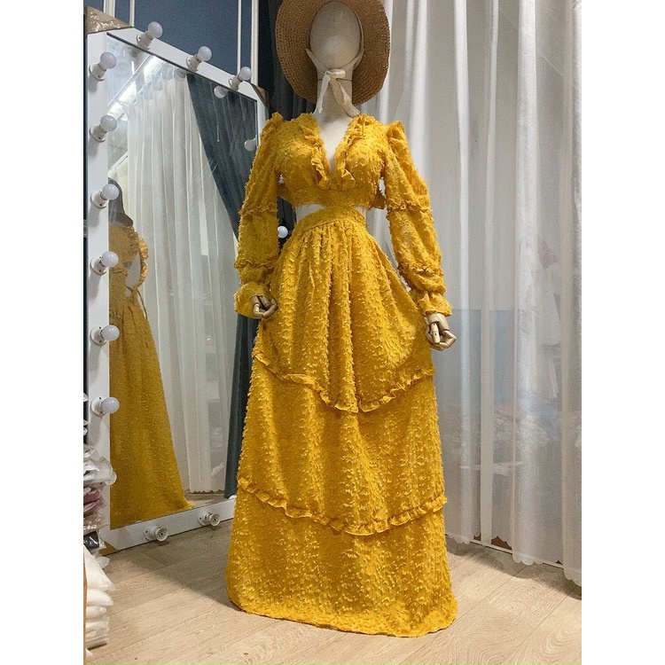 Đầm maxi đi biển ren lông viền thổ Cẩm Thiết kế khoét eo tôn dáng cá tính chụp hình sống ảo sang chảnh XUKA-DRESS