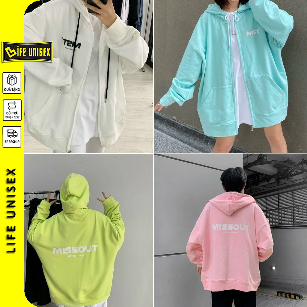 Áo Khoác Hoodie Nỉ MISSOUT Nam Nữ Ulzzang Unisex Dây Kéo, Áo Khoác Nỉ Form Rộng LIFE UNISEX