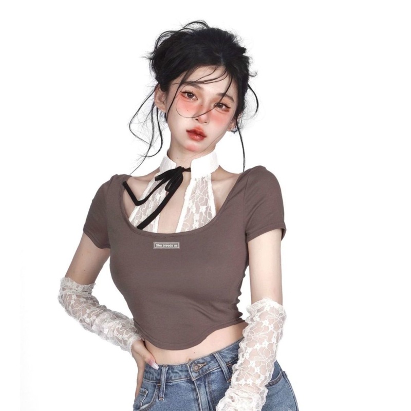 COZOK Áo Thun Ngắn Tay Thắt Nơ Eo Xinh Xắn Cho Nữ