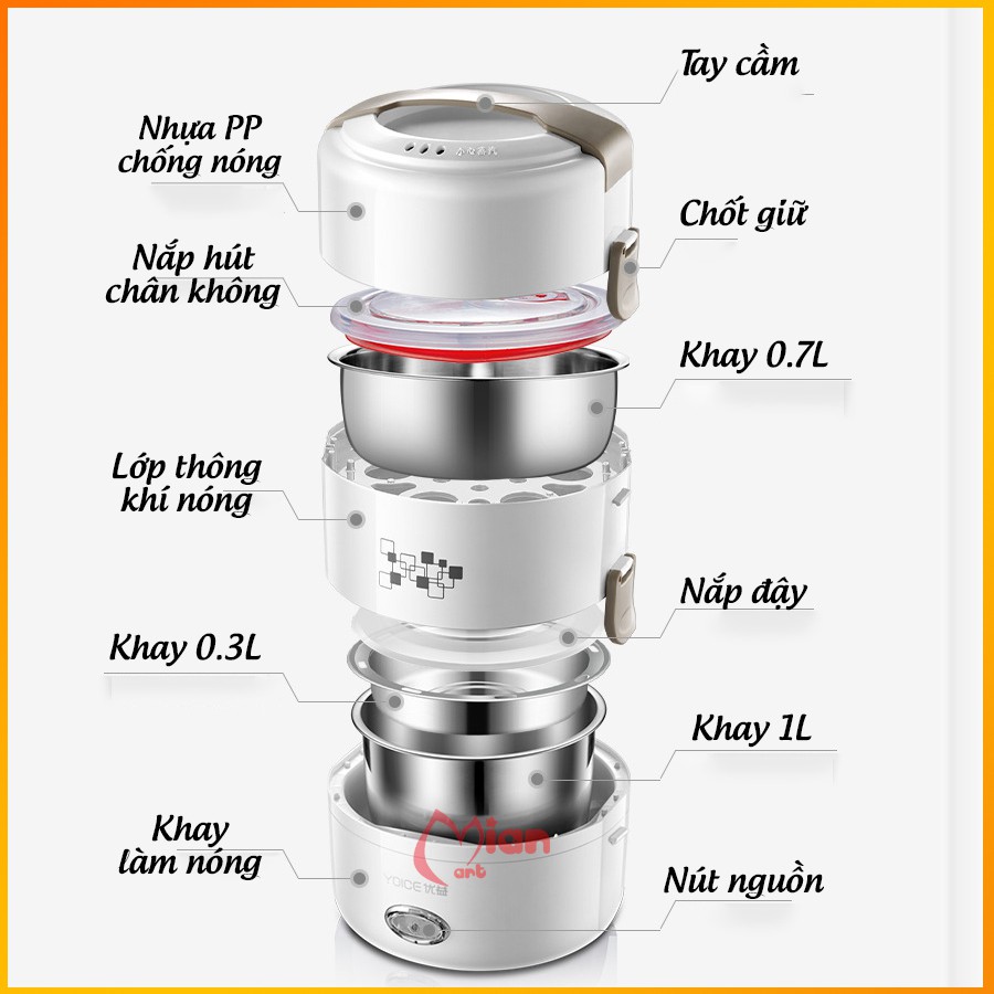 Hộp cơm cắm điện hâm nóng, 3 ngăn inox nắp chống tràn, hộp cơm văn phòng có hẹn giờ- MIAN MART