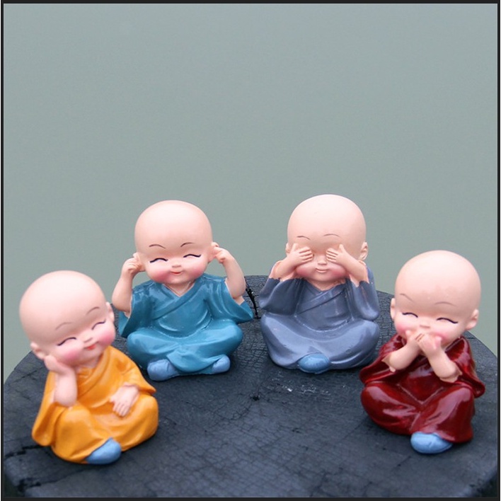 Bộ Tượng Chú Tiểu Hòa Thượng Tứ Không - Phật Phong Thủy Mini 4 Tư Thế, Trang Trí Xe Hơi, Để Bàn