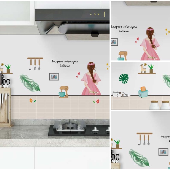 Decal giấy dán bếp tráng nhôm cách nhiệt YT074 CÔ GÁI khổ 60cm