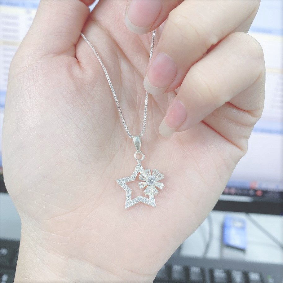 Dây chuyền bạc nữ mặt ngôi sao đính hoa đá, vòng cổ chất liệu bạc ta sang trọng nữ tính