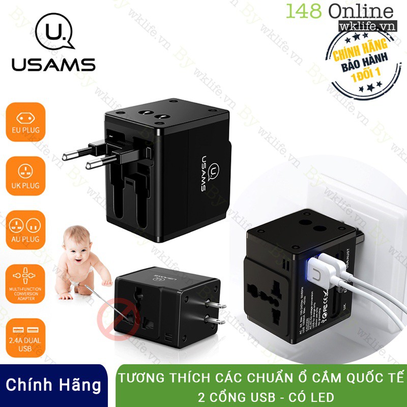 Củ Sạc Kiêm Ổ Cắm Du Lịch Đa Năng USAMS 2 USB | Chính Hãng Bảo Hành 1 Đổi 1