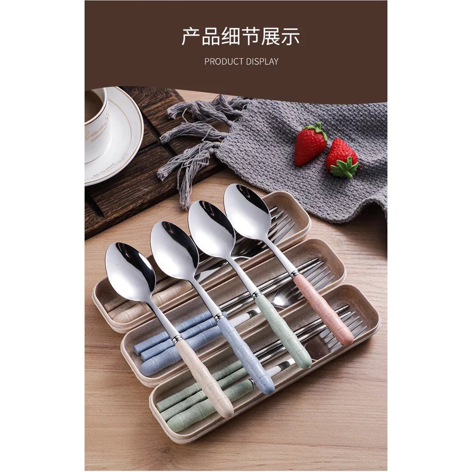 BỘ ĐŨA- THÌA INOX CAO CẤP CHỐNG GỈ KÈM HỘP ĐỰNG NHỰA LÚA MẠCH AN TOÀN SIÊU TIỆN LỢI 1109DT